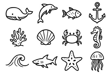 Fototapeta premium Hand drawn sea life icons featuring marine animals and nautical elements