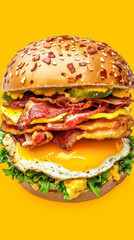 Delicious stacked burger with bacon, egg, cheese, and vibrant toppings.