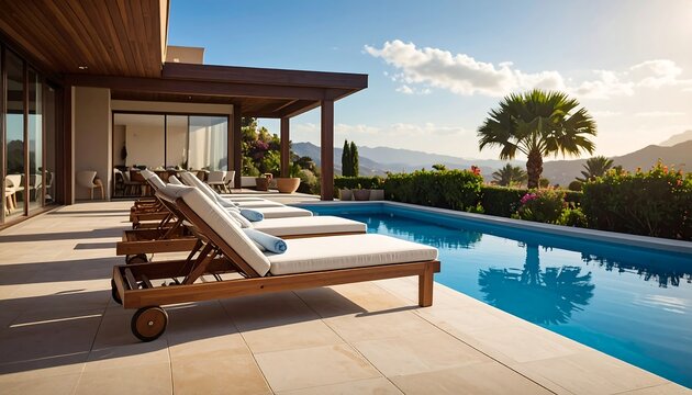 Luxurious outdoor pool area with patio furniture