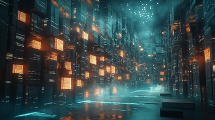 Abstract glowing data blocks in futuristic digital corridor.
