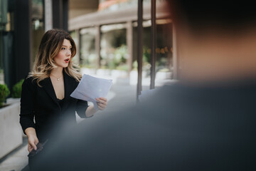 A determined professional woman holds documents while engaging in an outdoor business interaction...