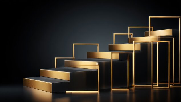 A sophisticated, geometric display of dark gray and gold steps, framed by gold rectangles, creates a luxurious and modern presentation space.