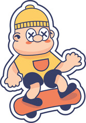 Cartoon Skateboarder with X Eyes and Yellow Beanie Riding Orange Skateboard