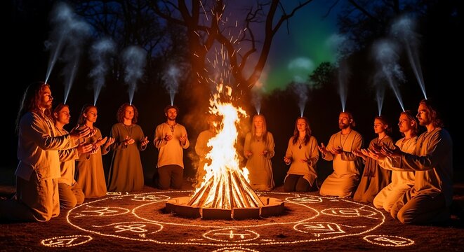 A group of individuals in ceremonial garb gather around a vibrant bonfire, their hands raised in prayer, illuminated by mystic symbols and atmospheric smoke.