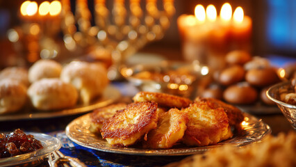 Hanukkah Traditional Food Celebration with Latkes and Sufganiyot