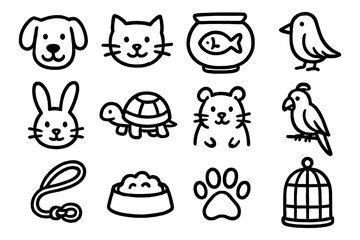 Fototapeta premium Simple black outline icons of pets and animal accessories for kids and design projects