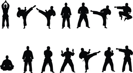 Martial arts silhouette vector, karate poses, kung fu stances, taekwondo kicks, self defense illustration, combat training, fighter action, meditation posture