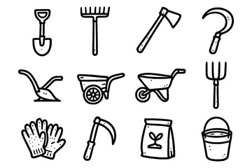 Obraz premium Hand drawn garden tools collection with shovel, rake, and wheelbarrow