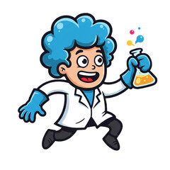 Cartoon scientist boy character running with a chemical flask