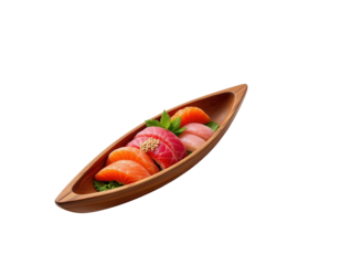 Fresh Sushi Assortment in Wooden Boat with Colorful Slices