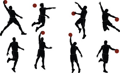 Basketball player silhouettes, dynamic action poses, red ball highlight, sports motion art, athletic design set