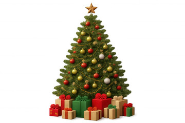 Christmas tree with festive ornaments and wrapped gift boxes underneath, transparent background for holiday designs