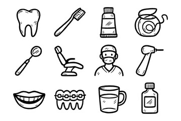 Hand drawn dental care icons: tooth, toothbrush, floss, and dentist tools