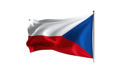 A digitally rendered illustration of the Czech Republic flag billowing in the wind against a stark black background.