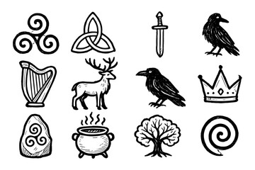 Celtic symbols and mythical elements in hand-drawn style