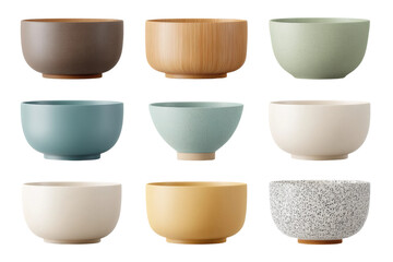 Assorted ceramic bowls collection displaying various colors and textures on black background, cut out