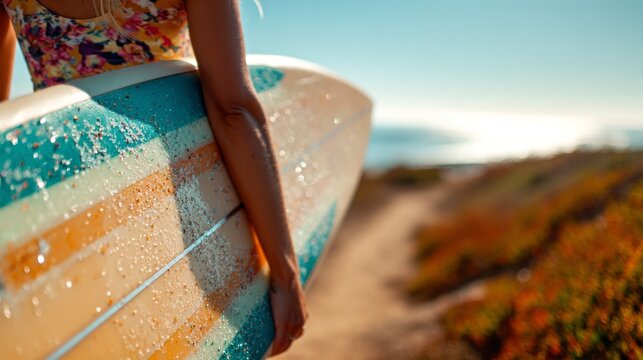 The surfer, holding their surfboard firmly, walks along the coastal trail with anticipation, embracing summer vibes and ocean breezes. Ready to surf, they look forward to a day filled with sun, surf,