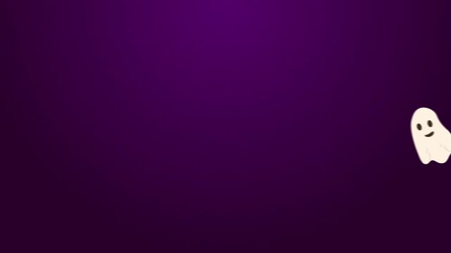 Animated Halloween video with ghosts, pumpkins, tombstone, broom, candy popping up on purple background, orange Happy Halloween text appearing, ghost floating, spooky festive motion. Copy space