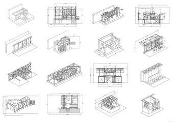 Naklejka premium Grid of technical structural blueprint renderings in orthogonal and isometric views
