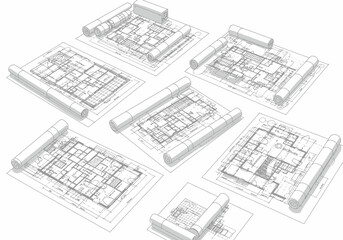 Seven grey rolled building plans lie on a white surface with visible shadows