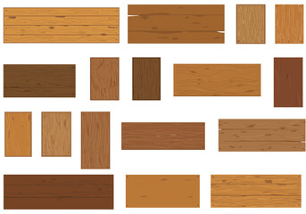 Several wooden boards of varying shapes shades and wood grain patterns are arranged on a white background