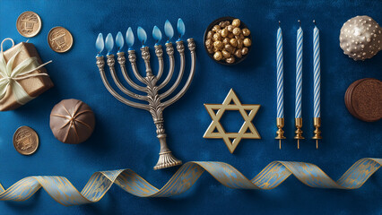 Hanukkah Flat Lay with Menorah, Dreidels, Gelt, and Festive Decorations