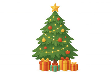 Naklejka premium Christmas tree standing with glowing string lights, colorful baubles, and presents, celebrating winter holiday traditions