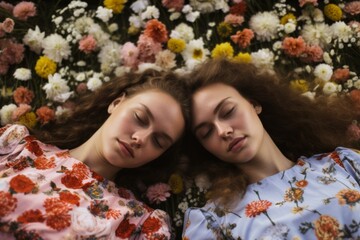 Two women resting peacefully among vibrant flowers, showcasing tranquility and natural beauty in a serene outdoor setting
