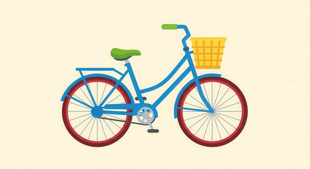 Fototapeta premium Colorful flat illustration of a bicycle with a yellow basket and green seat, showcasing a playful design ideal for urban commuting and leisure activities