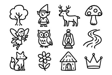 Naklejka premium Whimsical forest doodles: hand-drawn magical creatures and nature elements