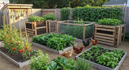 Sustainable backyard with raised garden beds, fresh vegetables, and chickens roaming, great for eco-living, sustainability, and farming themes.