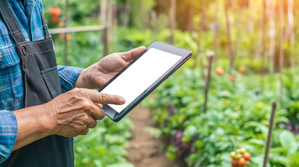 Farmer using tablet in vegetable garden, checking digital information outdoors
