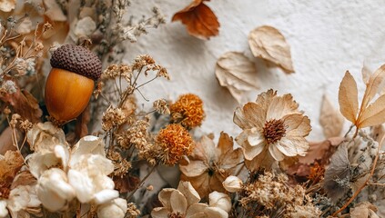 Fototapeta premium a wall covered in dried flowers and wildflowers, with a white background, muted tones, low contrast, and a vintage aesthetic, evoking autumn vibes. 