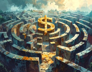 A large maze with a golden dollar sign in the center, surrounded by aged stone walls, under a dramatic sky