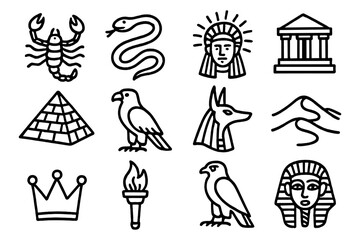 Ancient egyptian icons: linear style with symbols of history and culture