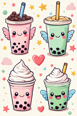 Cute kawaii bubble tea illustration