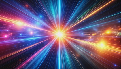 A Vibrant and Abstract Cosmic Background with a Centralized Burst of Energy and Dynamic Light Trails, Depicting a Hyperspace Journey through a Colorful Nebula.








