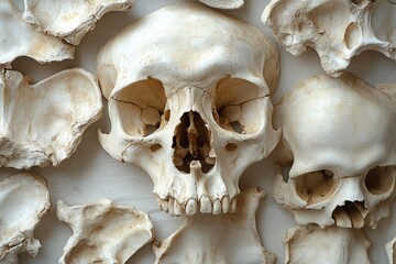 Human skull bones closeup textured surface arranged together antique anatomical remains medical study concept eerie dark background macabre atmosphere