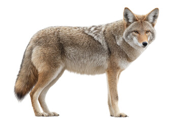 Alert coyote standing against transparent background in profile view, cut out