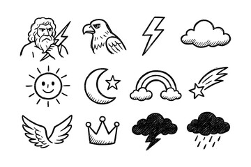 Mythic and weather icons: hand drawn symbols of gods and nature