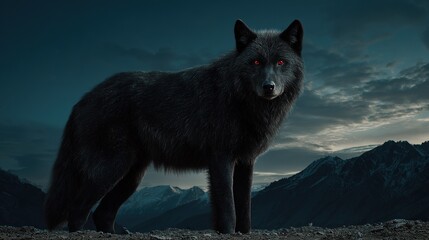 A majestic black wolf with glowing red eyes stands vigilant against a backdrop of dramatic mountains at twilight.