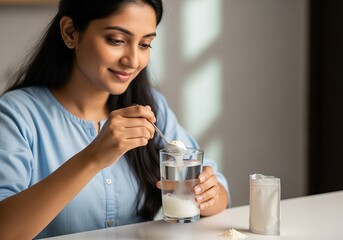 Indian woman preparing colostrum drink in casual morning attire