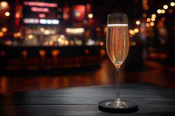 Glass champagne sparkling drink elegant luxury celebration night party atmosphere golden bubbles alcohol festive bar background