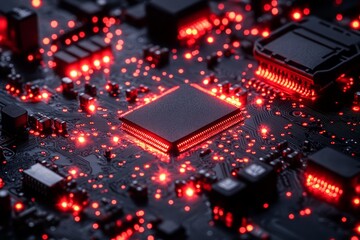 Close up of electronic circuit board with red glowing lights technology background futuristic digital hardware microchip connection