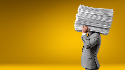 Businessman Carrying Stack of Papers in Minimal Flat Background for Stock Photo Use