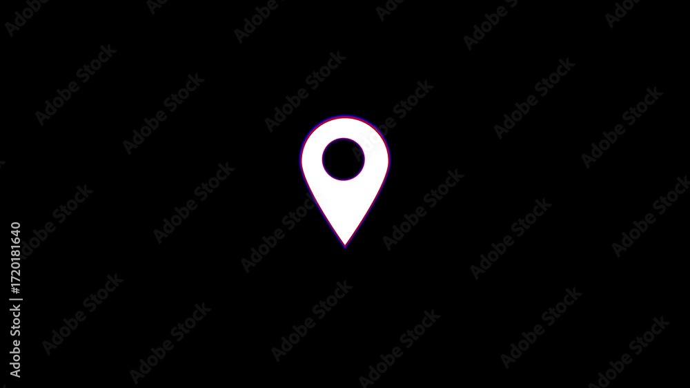 Poster a minimalist white map pin icon with a subtle red and blue outline effect on a solid black backgroun