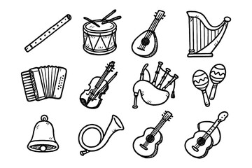 Obraz premium Hand drawn musical instruments collection featuring diverse classic designs