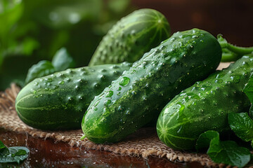 Cucumbers fresh green vegetables rustic still life wet drops organic farming garden harvest healthy raw food closeup wooden background natural