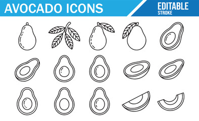 Editable Avocado Icons for Healthy Eating and Vegan Lifestyle