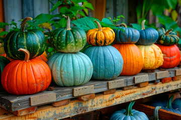 Pumpkins stacked vibrant colors orange green blue yellow rustic wooden shelf autumn harvest seasonal decoration farm market organic fresh concept